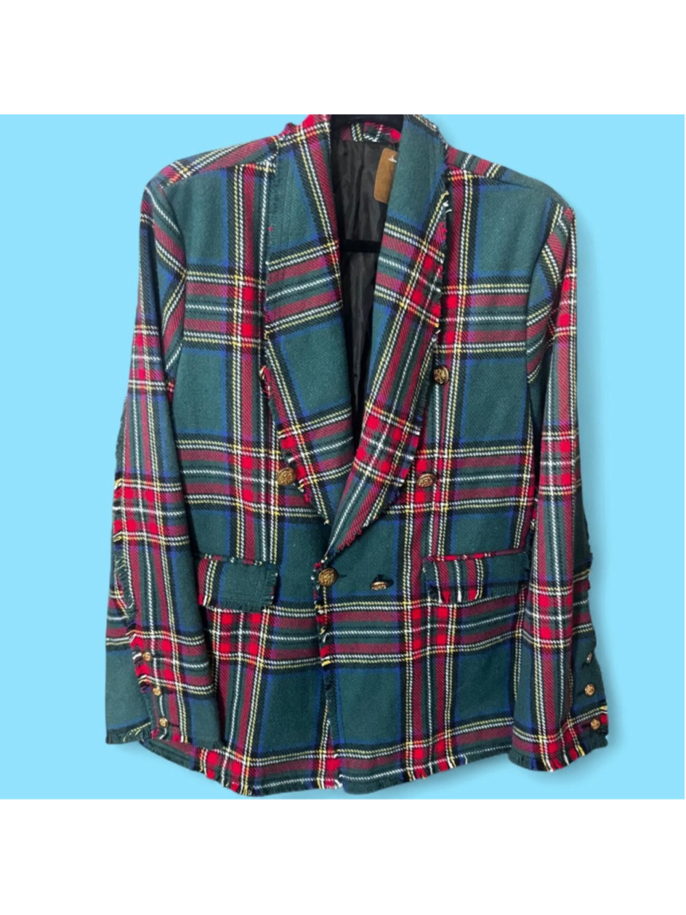 Academia Green, red, and white plaid Women's blazer with gold buttons Size Small